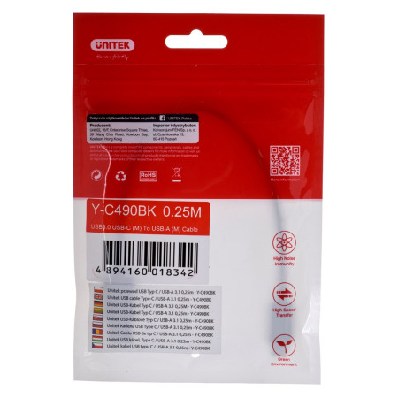 Unitek USB 3.1 tipo A - tipo C M-M 0.25 m
