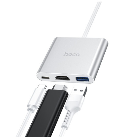 Adapteris Hoco HB14 Type-C į USB-A+HDMI+Type-C sidabrinis