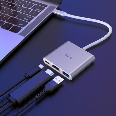 Adapteris Hoco HB14 Type-C į USB-A+HDMI+Type-C sidabrinis