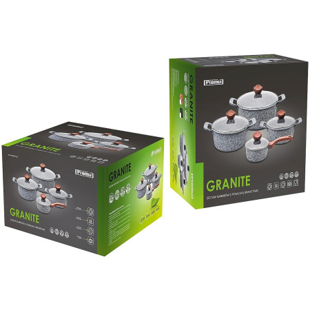 PROMIS GRANITAS puodų rinkinys, 16 cm puodas, 20, 24, 28 cm puodai su rudomis rankenomis