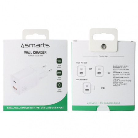 4smarts PDPlug Duos 25W 1C+1A sieninis įkroviklis, be kabelio, balta