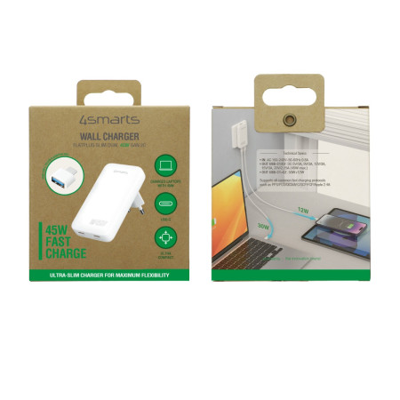 Sieninis įkroviklis FlatPlug Slim Dual 45W GaN 2C, baltas