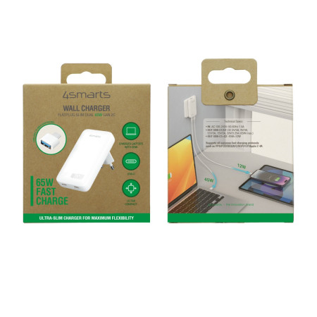 Sieninis įkroviklis FlatPlug Slim Dual 65W GaN 2C, baltas