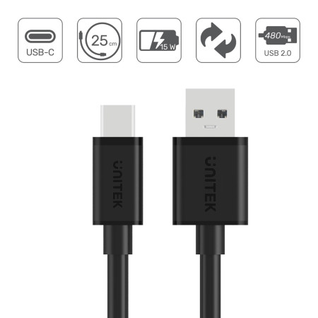 UNITEK USB-A - USB-C kabelis 25 cm