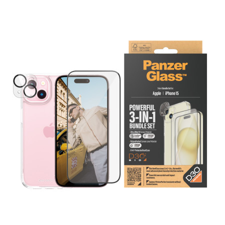PanzerGlass ® 3-in-1 rinkinys iPhone 15 Skaidri ekrano apsauga