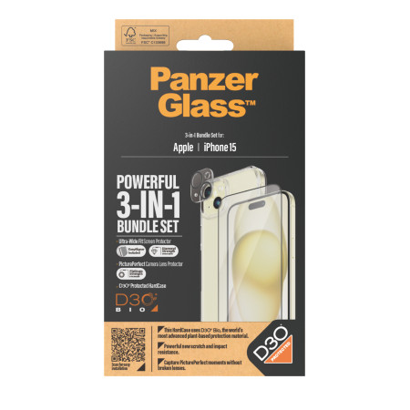 PanzerGlass ® 3-in-1 rinkinys iPhone 15 Skaidri ekrano apsauga