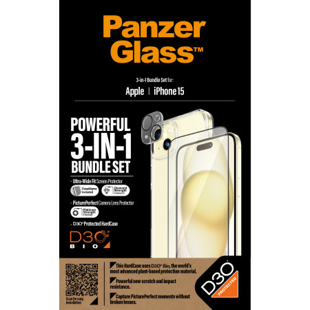 PanzerGlass ® 3-in-1 rinkinys iPhone 15 Skaidri ekrano apsauga