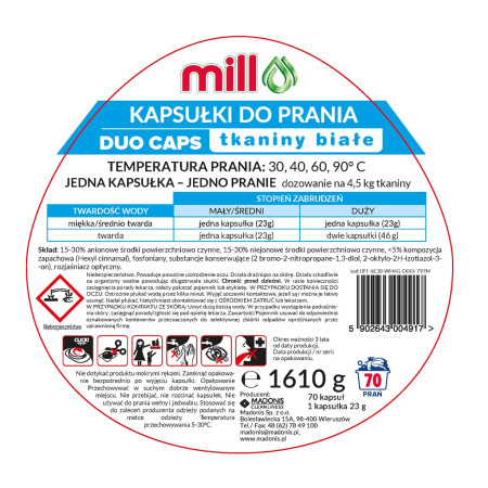 MILL PRO 2k skalbimo kapsulės, baltos, 70 vnt.