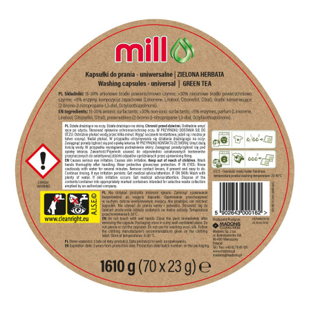 MILL ECO 2k universalios 2-in-1 žaliosios arbatos skalbimo kapsulės, 70 vnt.