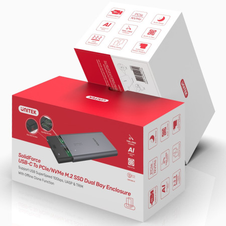 USB-C į PCIe/NVMe M.2 SSD korpusas su offline klonavimu