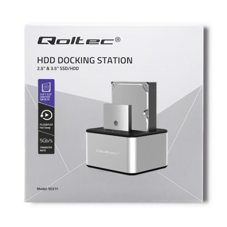 Qoltec 50316 2x HDD / SSD prijungimo stotelė | 2,5 "/3,5" SATA | USB 3.0 | Klonavimas