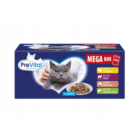 PREVITAL Mega Box Veršiena, lašiša, kepenys, vištiena - šlapias kačių maistas - 40X100g