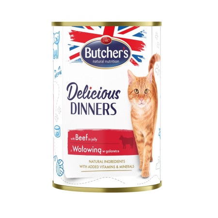 BUTCHER'S Delicious Dinners Jautienos gabalėliai drebučiuose - drėgnas kačių ėdalas - 400g