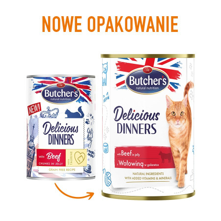 BUTCHER'S Delicious Dinners Jautienos gabalėliai drebučiuose - drėgnas kačių ėdalas - 400g