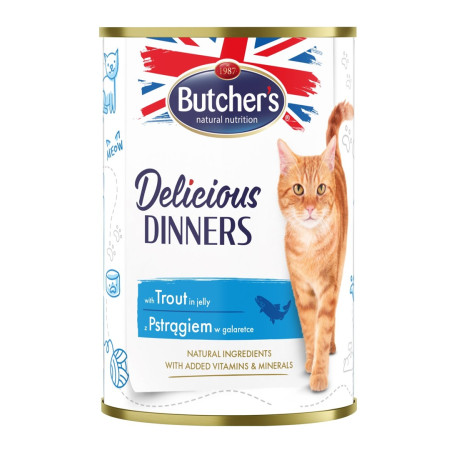 BUTCHER'S Delicious Dinners Pieces su upėtakiais drebučiuose - drėgnas kačių maistas - 400g