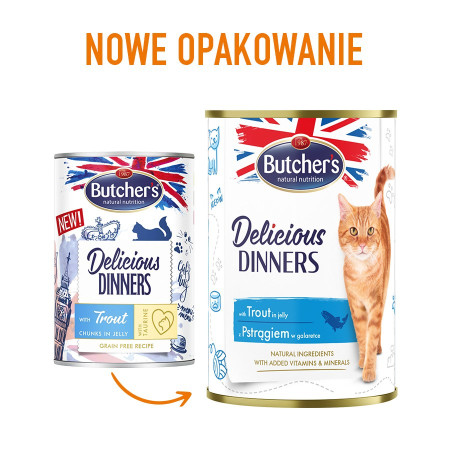 BUTCHER'S Delicious Dinners Pieces su upėtakiais drebučiuose - drėgnas kačių maistas - 400g