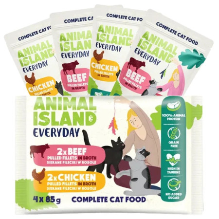 ANIMAL ISLAND Everyday vištienos ir jautienos filė sultinyje - šlapias kačių maistas - 4 x 85g