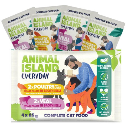 ANIMAL ISLAND Kasdieniai veršienos ir paukštienos su kepenėlėmis - šlapias kačių maistas - 4 x 85g