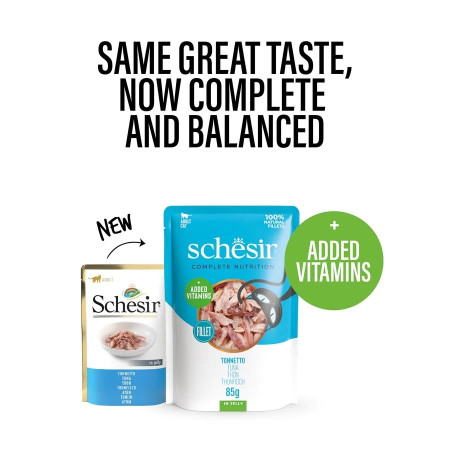 Šlapias kačių maistas SCHESIR su tunu ir jūrų lydeka - 85 g