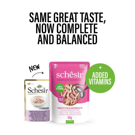 Šlapias kačių maistas SCHESIR su tunu ir vištiena su kumpiu - 85 g