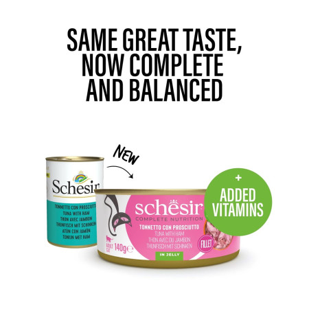 Šlapias kačių maistas SCHESIR su tunu ir kumpiu sultinyje - 140 g