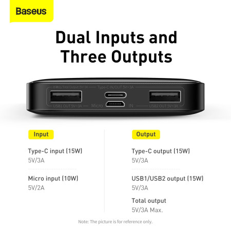 Baseus Bipow 10000mAh 2xUSB USB-C 15W juodas