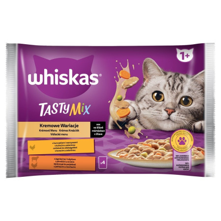 WHISKAS Tasty Mix vištiena ir daržovės, ėriena ir kalakutiena - drėgno kačių ėdalo - 4 x 85g