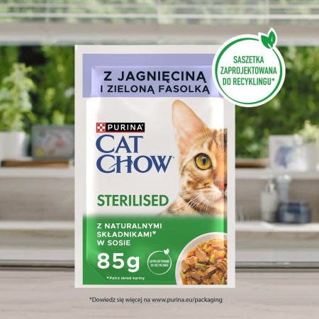 PURINA Cat Chow Sterilised su ėriena ir žaliomis pupelėmis padaže - šlapias kačių maistas - 26x85g (20 + 6 GRATIS)