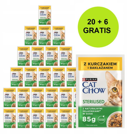 PURINA Cat Chow Sterilised su vištiena ir baklažanais padaže - šlapias kačių maistas - 26x85g (20 + 6 GRATIS)
