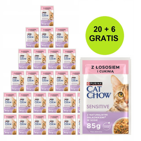 PURINA Cat Chow Sensitive su lašiša ir cukinija padaže - šlapias kačių maistas - 26x85g (20 + 6 GRATIS)