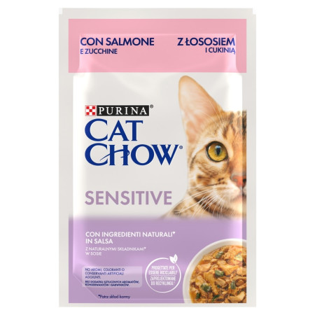 PURINA Cat Chow Sensitive su lašiša ir cukinija padaže - šlapias kačių maistas - 26x85g (20 + 6 GRATIS)