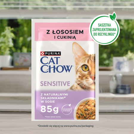 PURINA Cat Chow Sensitive su lašiša ir cukinija padaže - šlapias kačių maistas - 26x85g (20 + 6 GRATIS)