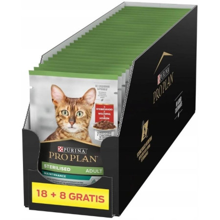 PURINA Pro Plan Sterilised Adult Maintenance su jautiena padaže - šlapias kačių maistas - 26x85g (18 + 8 GRATIS)