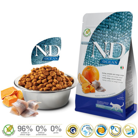 FARMINA N&D Ocean Silkių ir Moliūgų su Apelsinais - sausas kačių maistas - 1,5 kg