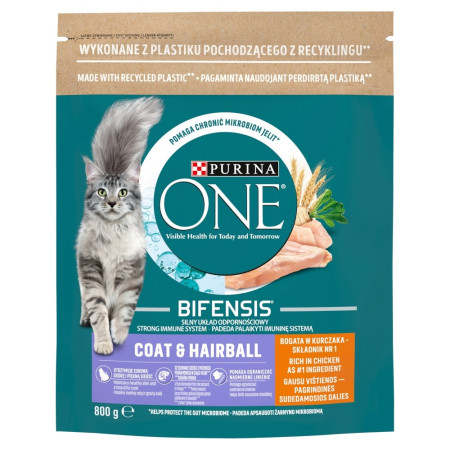 PURINA One Bifensis Coat & Hairball Chicken - sausas kačių maistas - 800 g