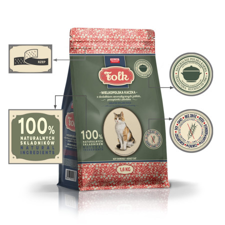 FOLK Didžiosios Lenkijos antis su obuoliais, fazanu ir silke - sausas kačių maistas - 1,6 kg
