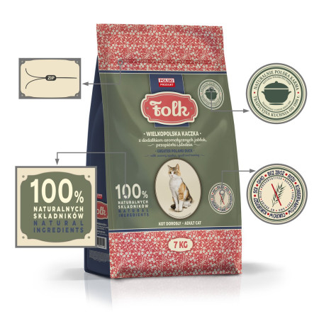 FOLK Didžiosios Lenkijos stiliaus antis su obuoliais, stručiu ir silkėmis - sausas kačių maistas - 7 kg
