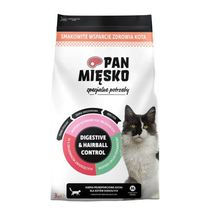 PAN MIĘSKO Digestive & Hairball Control Kalakutienos sausas kačių maistas - 3kg