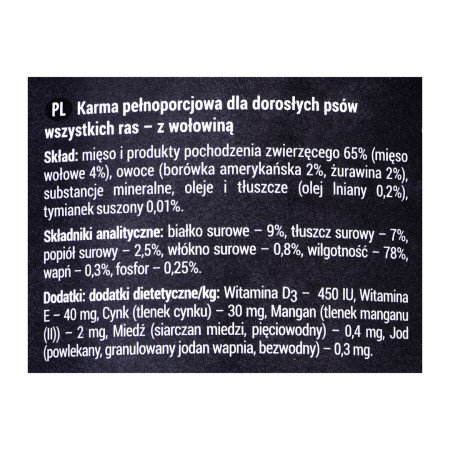 DOLINA NOTECI Rafi su jautiena, spanguolėmis ir mėlynėmis - drėgnas maistas šunims - 400 g