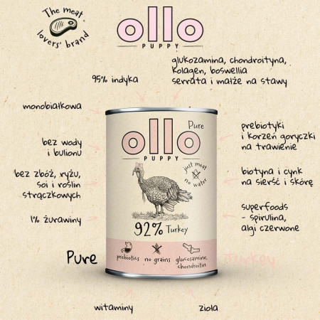 OLLO Puppy Pure Kalakutiena - šlapias maistas šunims - 850 g