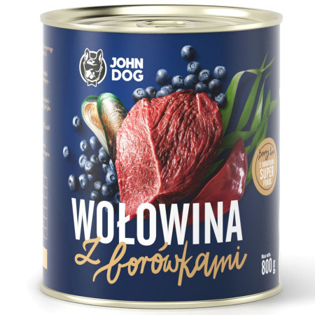 JOHN DOG Uogų linija Jautiena su Mėlynėmis - drėgnas ėdalas šunims - 800g