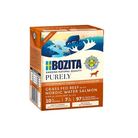 BOZITA Purely Paté Duoprotein Jautiena ir lašiša - drėgnas ėdalas šunims - 370g