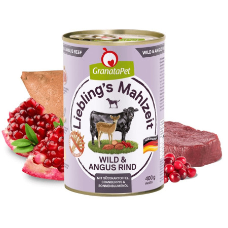 GRANATAPET Liebling's Mahlzeit Elnias ir Angus jautiena - drėgnas ėdalas šunims - 800g