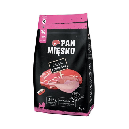 PAN MIĘSKO Veršiena Su Paukščiu XS (šuniukams) - sausas maistas - 3 kg