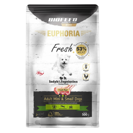 BIOFEED Euphoria Fresh Suaugusiųjų Kalakutienos ir Avienos XS/S - sausas maistas šunims - 500g