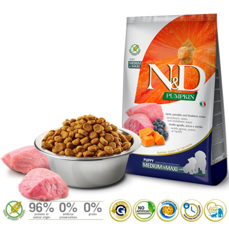 FARMINA N&D GF Moliūgų Šuo Aviena&Mėlynės Šuniukas Medium/Maxi - sausas maistas šunims - 12kg