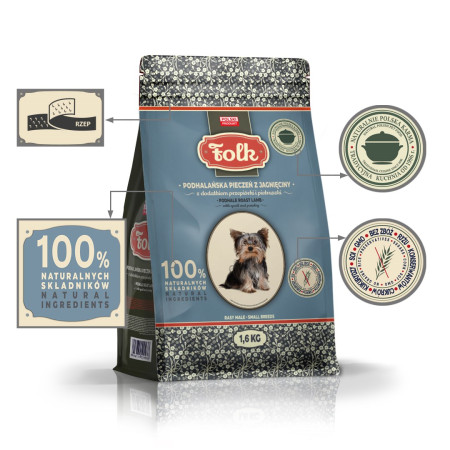 FOLK Mažų Veislių Avienos Kepsnys Su Paukštiena Ir Petražolėmis - sausas maistas šunims - 1,6 kg