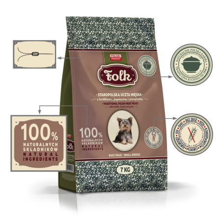 FOLK Mažų veislių tradicinis lenkiškas mėsos rinkinys su triušiu, aviena ir fazanu - sausas maistas šunims - 7kg