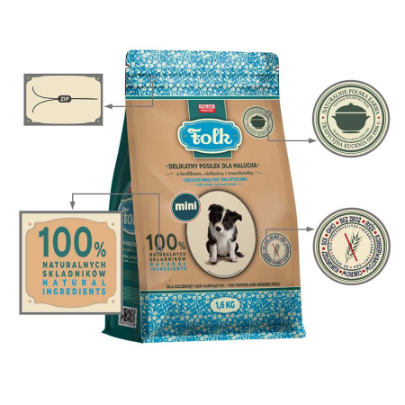 FOLK Junior mažų veislių švelnus maistas šuniukams su triušiu, veršiena ir morkomis 1,6kg