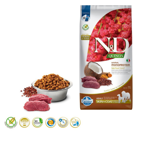 FARMINA N&D Quinoa Dog Skin&Coat Suvenison ir Kokosais Suaugusiems - sausas ėdalas šunims - 7 kg